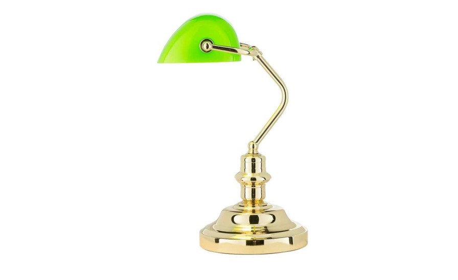 Tischlampen * | Khg Banker-Lampe Messing Mit Grunem Schirm | Messing Matt