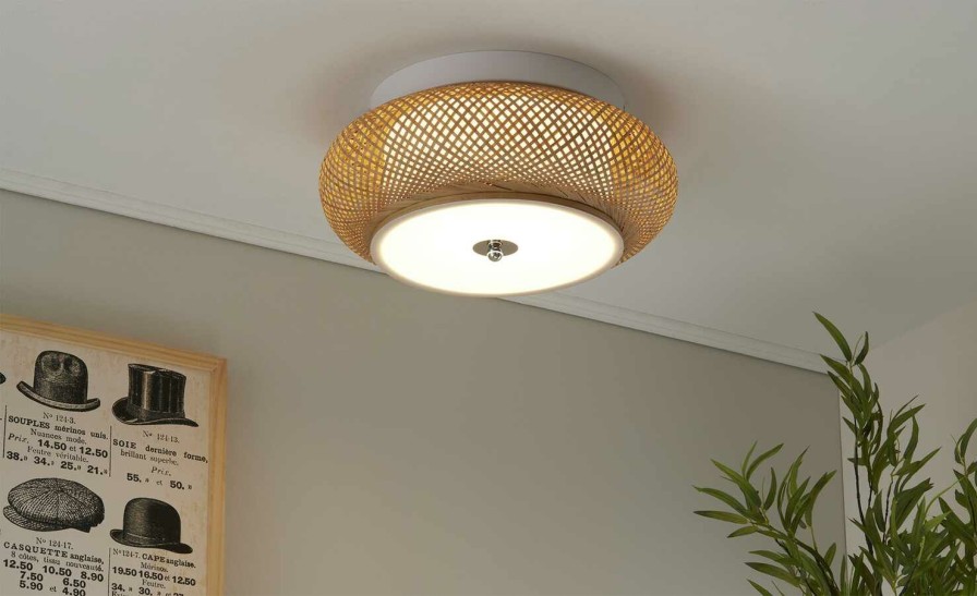 Deckenleuchten * | Home Story Led-Deckenleuchte, Rattan / Weis