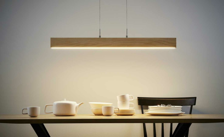 Deckenleuchten * | Home Story Led-Holz-Pendelleuchte, 1-Flammig Mit Dimmer